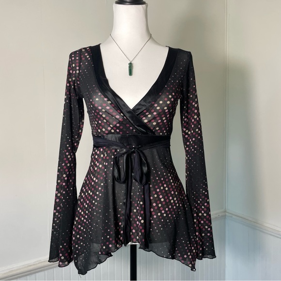 Hot Tempered Don’t Be Afraid Y2K B&W Pink Polka Dot Mesh Flare Long Slv Babydoll - Picture 6 of 8